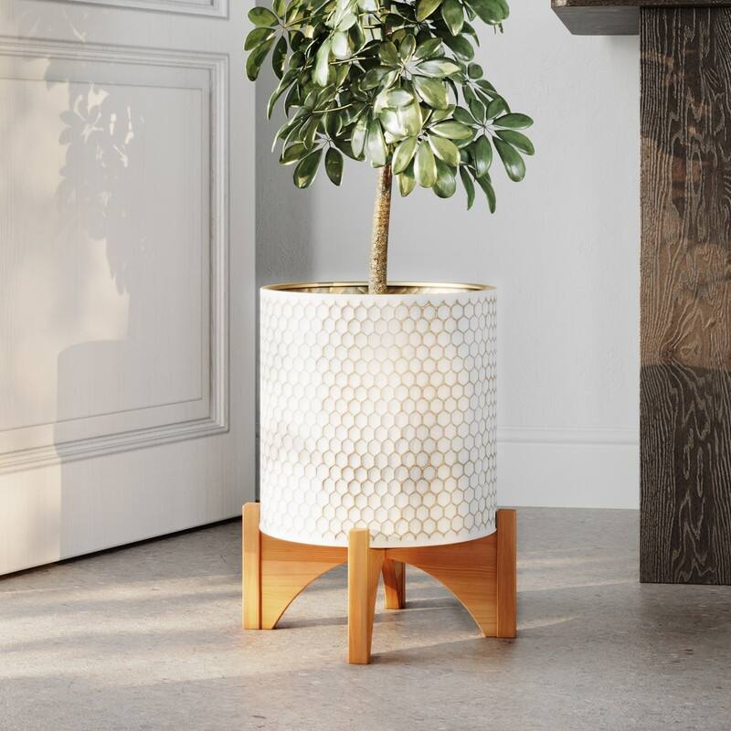 Honeycomb Mid-Century Modern Indoor Metal Pot Planter with Arch Wood Base - 18" H  x 14" W - Multi