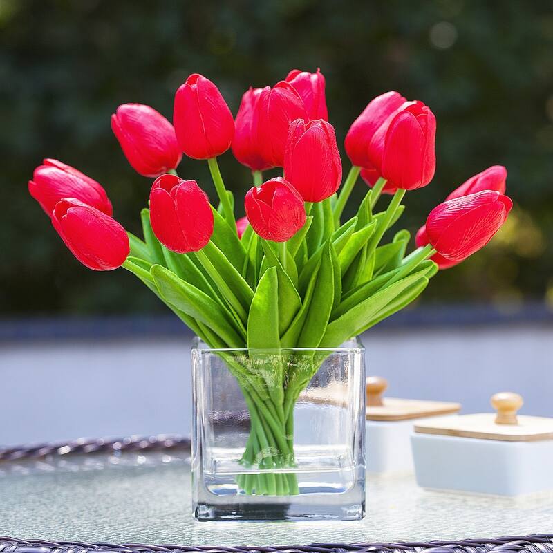 Enova Home 20 Pieces Artificial Real Touch Tulips Fake Silk Flowers Arrangement in Cube Glass Vase with Faux Water