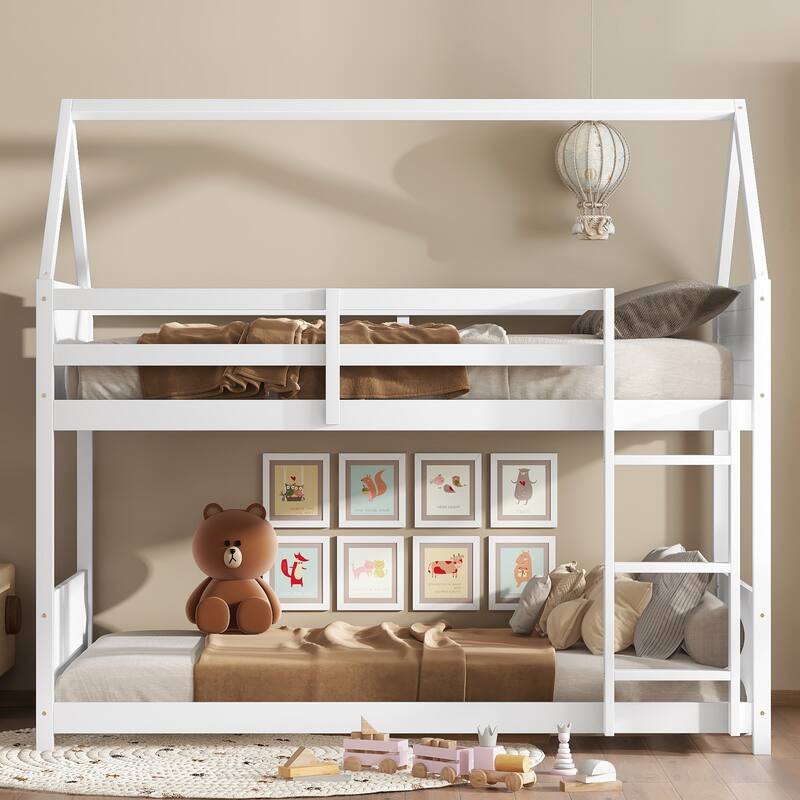 Twin Over Twin House Floor Bunk Bed with Headboards, Footboards and Guardrails, Ladder, with Safety Guardrails - White