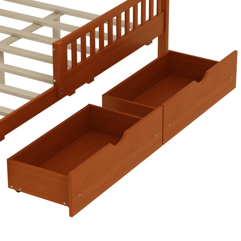 Wood Twin/Full Size Wood Platform Bed with Guardrails on Both Sides and Two Storage Drawers