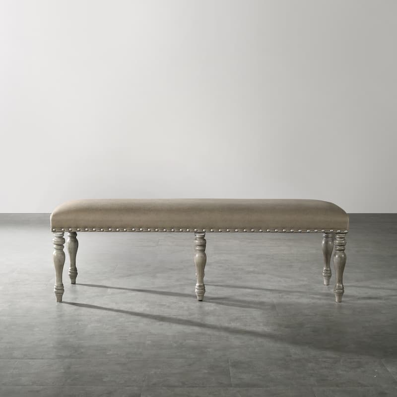 Roundhill Furniture Birmingham Microfiber Upholstered Bench with Nail Head Trim in Driftwood Finish