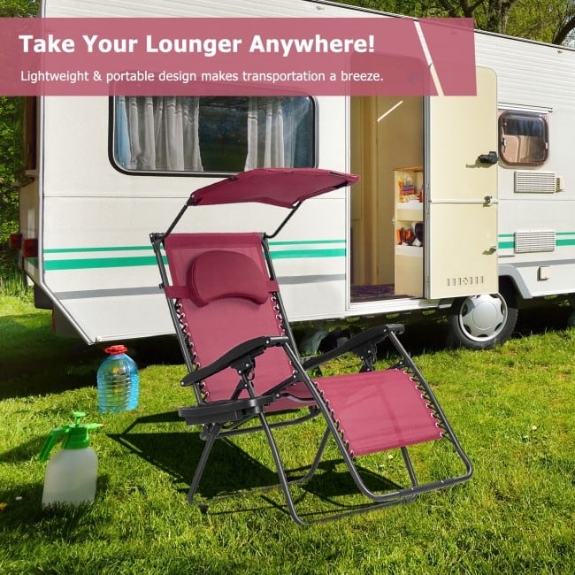 Portable Reclining Lounge Chair with Sunshade, Cup Holder, and Folding Design - Dark Red