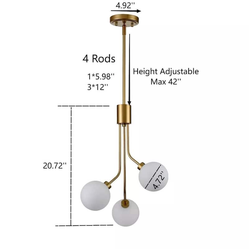 Modern Glass Globe Chandelier Brass Branches Milky White Ball Shade - 20" x 42"