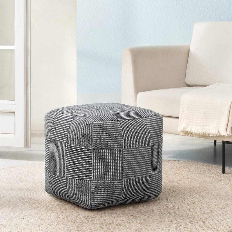 Jani 20-inch Ottoman Pouf - Handcrafted Handmade Ottoman for Seating, Footrest, Home Decor for Living Room, Bedroom - Ivory/Gray Maze