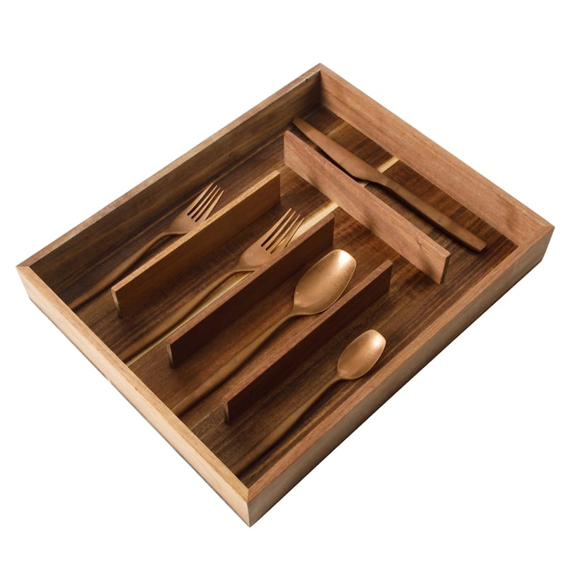 Bloomhouse 20 Piece Flatware 18/10 Stainless Steel Silverware Cutlery Utensil Set With Acacia Wood Caddy - Service for 4