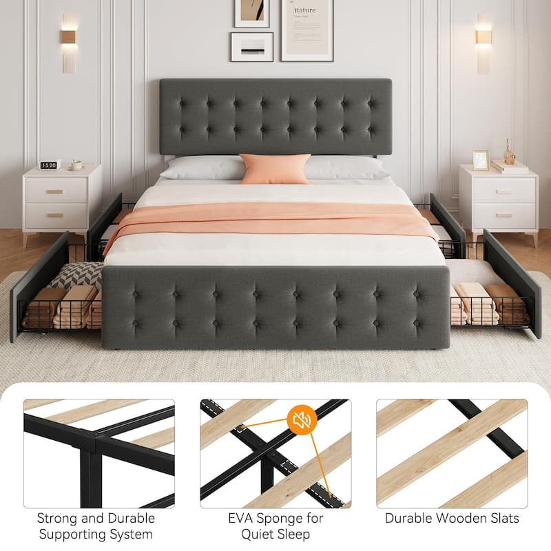 Bed Frame with 4 Storage Drawers and Headboard