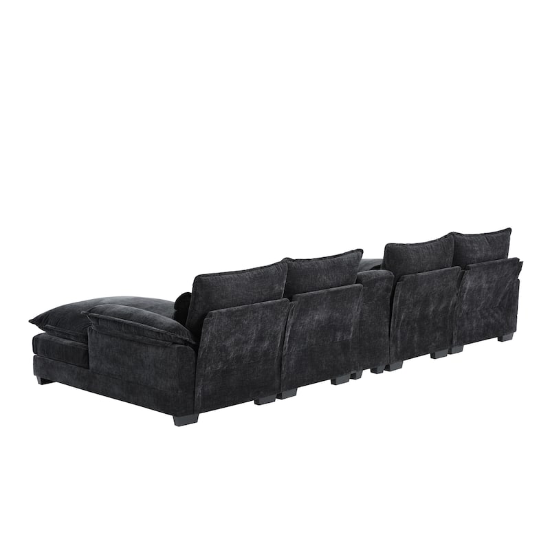 U-shaped Chenille Sectional Sofa w/Console, Cup Holders, USB, Chaise