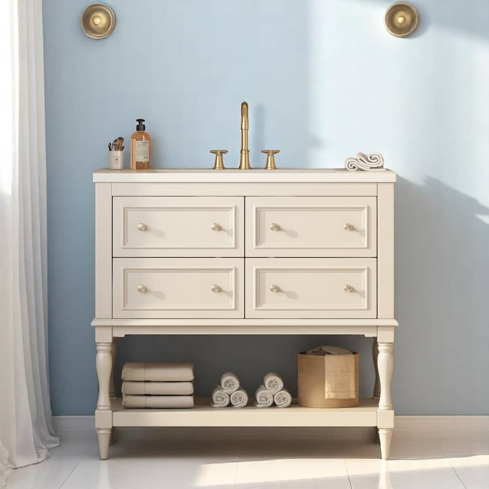 36 Inch Bathroom Vanity Sink Combo, Undermount Ceramic Basin, MDF and Solid Wood Cabinet with 4 Storage Drawers