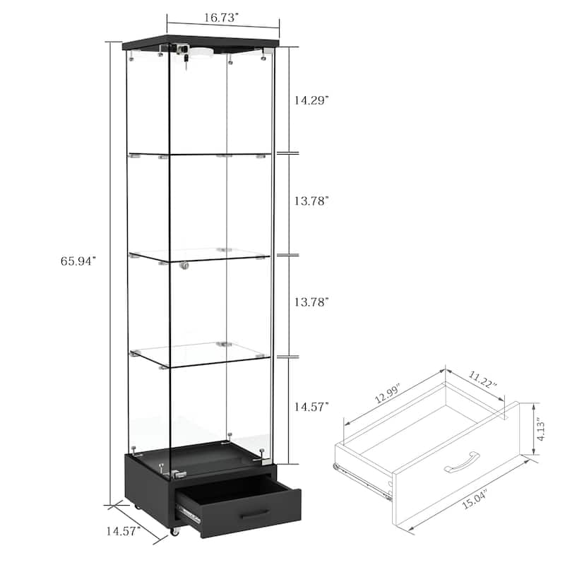 65.9" Modern Glass Display Cabinet with Drawer, LED Lights, Lockable Storage & 4 Tempered Glass Shelves