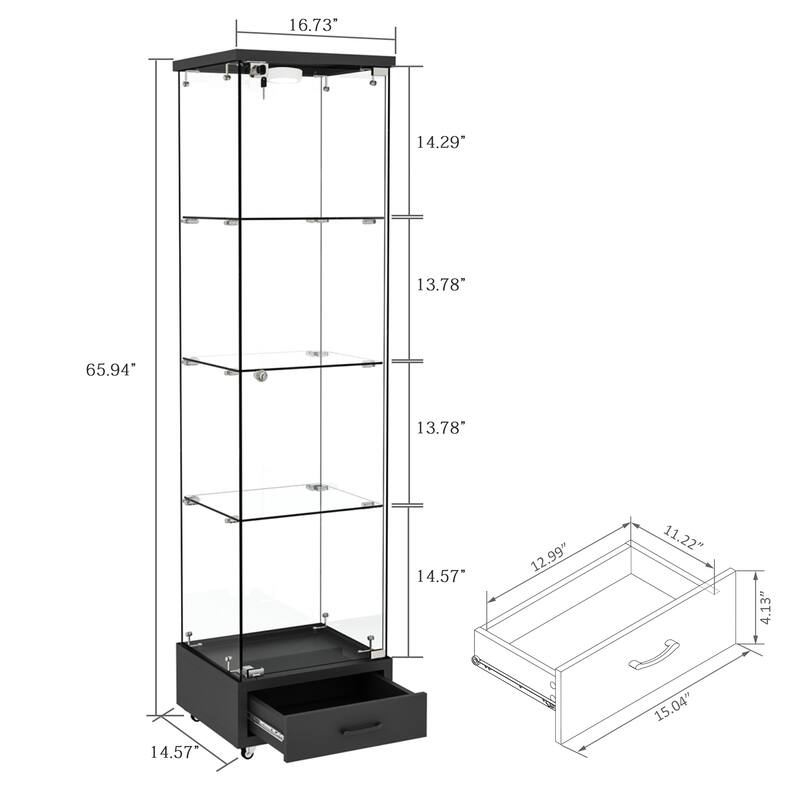 Glass Display Cabinet With Drawer,Cabinet With Led Lights,Tempered Glass Bookshelf, 1-Door Storage Case With 4 Shelves