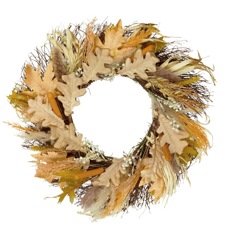 24" Autumn Harvest Cattail and Wheat Artificial Thanksgiving Wreath - Unlit