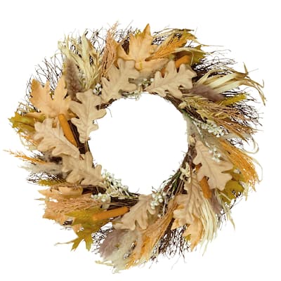 24" Autumn Harvest Cattail and Wheat Artificial Thanksgiving Wreath - Unlit