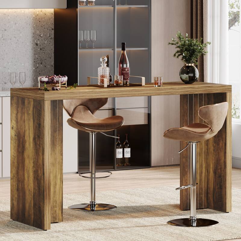 55'' Home Bar Unit, Bar Table with Faux Marble Finished Tabletop - Rustic Brown