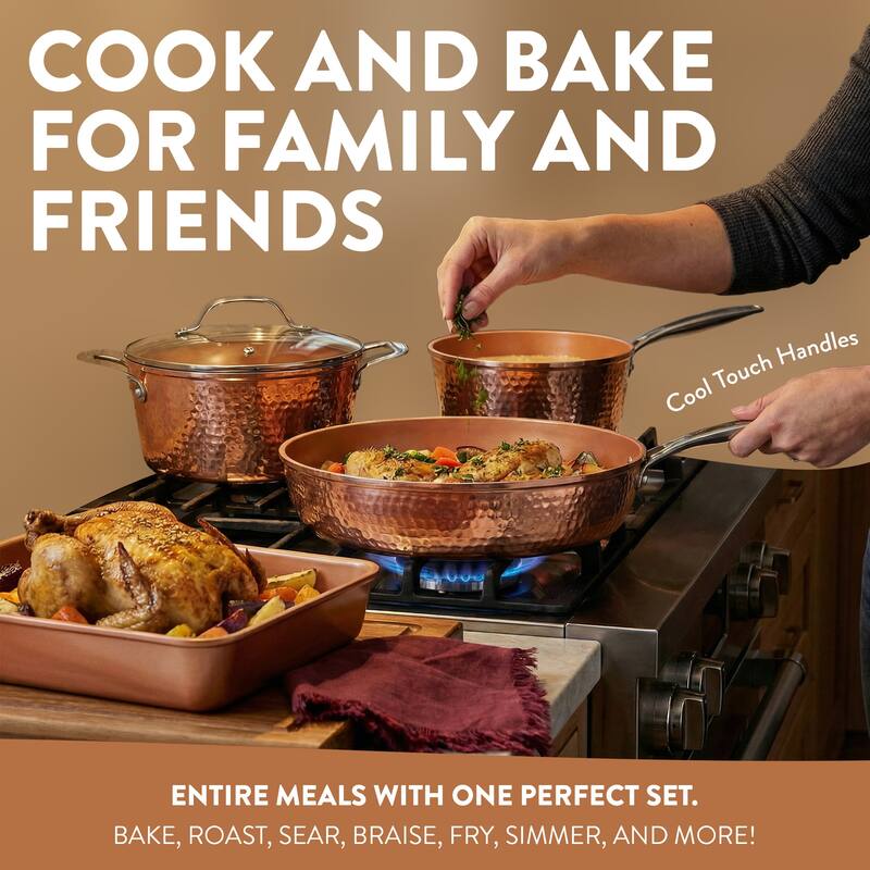 Gotham Steel Hammered Pots and Pans Copper 20 Piece Ceramic Nonstick Induction Cookware and Bakeware Set