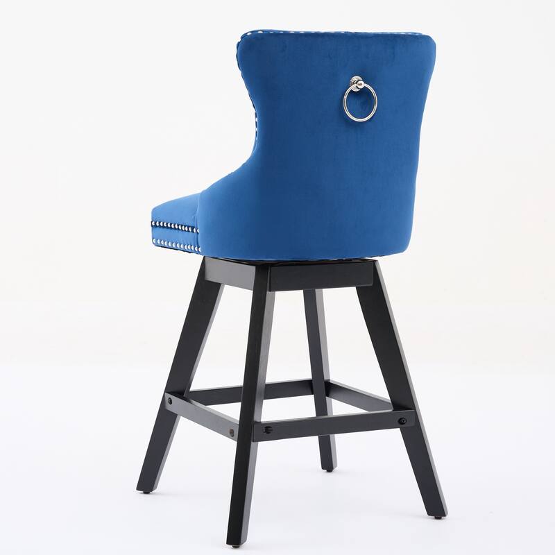 Swivel Bar Stools Set of 2, Velvet Counter Height Barstools with Wooden Legs, Kitchen Island Chairs with Button Backrest