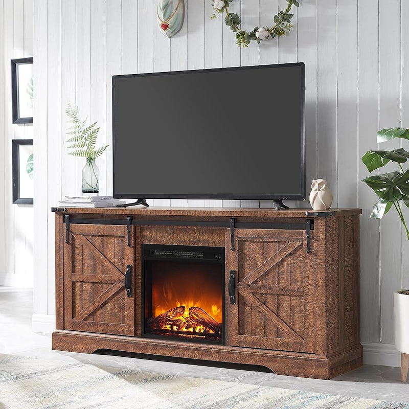 Farmhouse Fireplace TV Stand, Rustic Entertainment Center - 58 inches in width - Reclaimed Barnwood