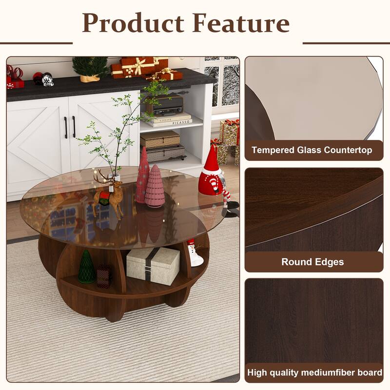 Round Coffee Table with Storage, 31.5 Inch Modern Farmhouse Center Table with Tempered Glass Top and Wooden MDF Frame