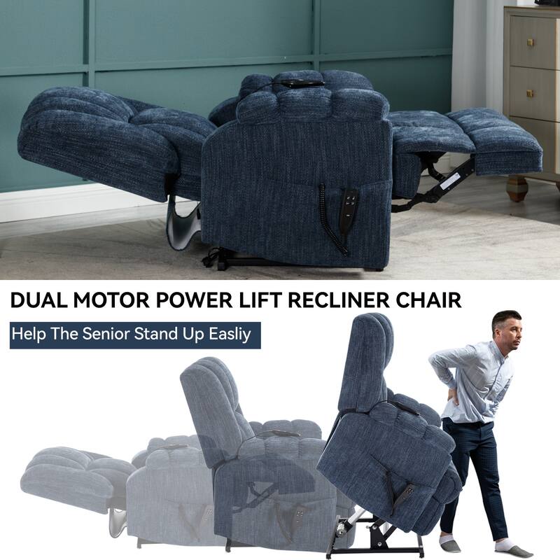Blue Dual Motor Power Lift Recliner with Massage & Heavy Duty Support