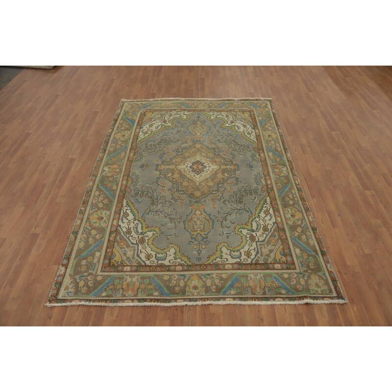 Hand Knotted Oriental 100% Wool Carpet Traditional Floral Greys & Charcoal Tabriz Area Rug - 9' 5'' X 6' 5''