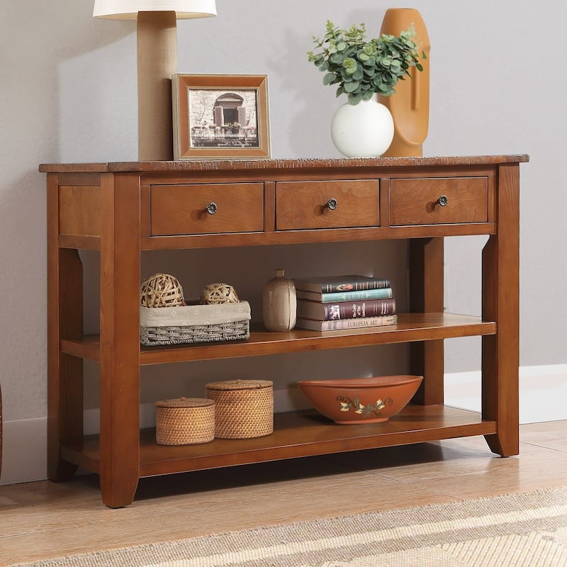 48'' Solid Pine Wood Top Console Table, Modern Entryway Sofa Side Table with 3 Storage Drawers and 2 Shelves