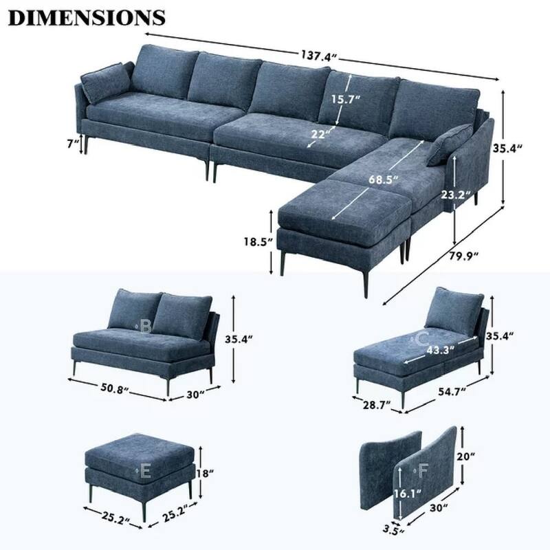 Modern Chenille Sectional Sofa with Reversible Chaise and Ottoman, Perfect for Living Rooms with Sleeper Function