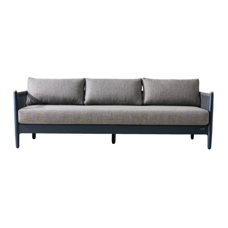 Modern Aluminum Outdoor 3-Seater Sofa with Teak Armrest & Rope Weave, Gray Cushions