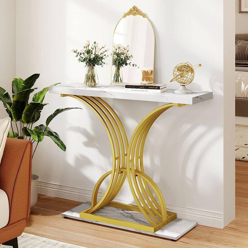 Moasis 39" Modern Faux Marble Console Table with Gold Base, Entryway Sofa Table for Living Room