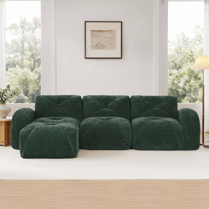 Rossetta 110'' 3-Seater L-Shaped Anti-Slip Design Retro Classic Color Velvet Tufted Modular Boneless Sofa with 1 Movable Ottoman - Green