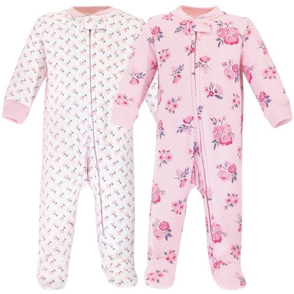 slide 1 of 1, Hudson Baby Infant Girl Premium Quilted Zipper Sleep and Play 2pk, Pink Navy Floral 0-3 Months - Pink Navy Floral