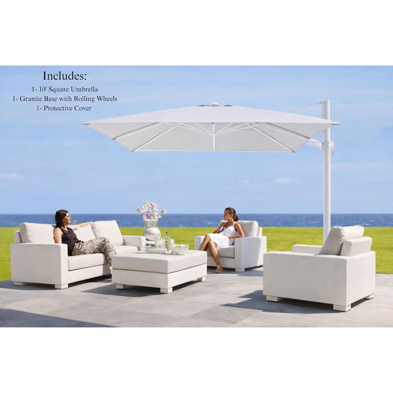 Piola White 10 ft. Square Aluminum Outdoor Cantilever Mouse Grey Fabric Umbrella with Granite Base