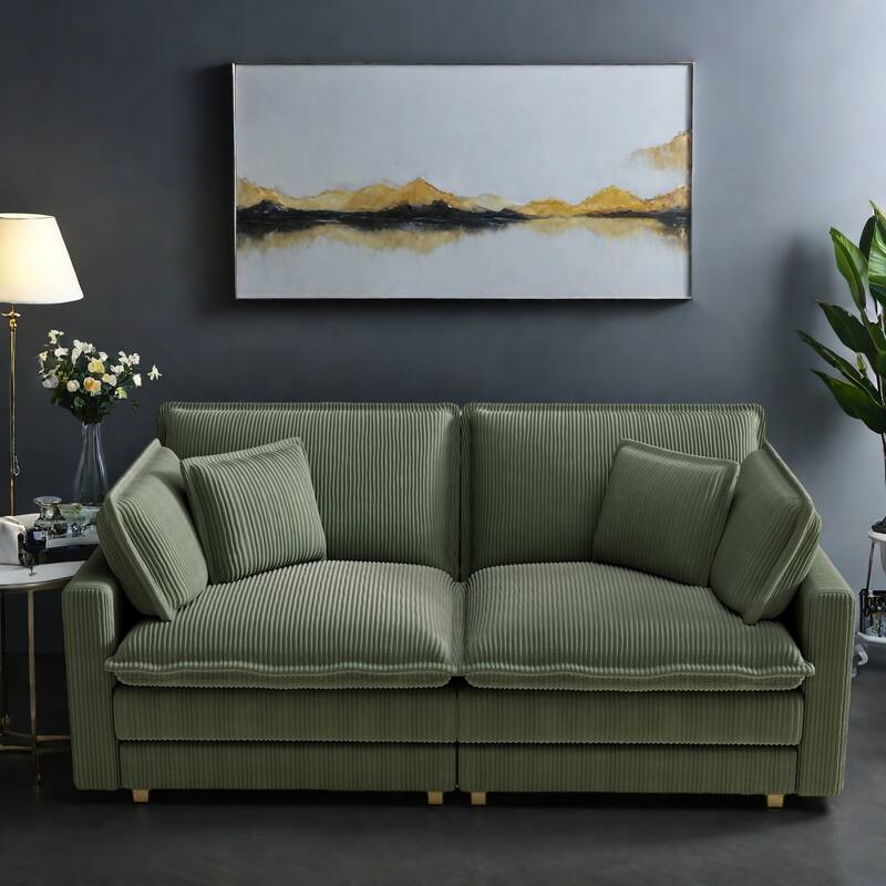 96" Corduroy Modern Classic 3-Seater Sofa - Deep Seat,With 4 Pillow For Living Room - Green