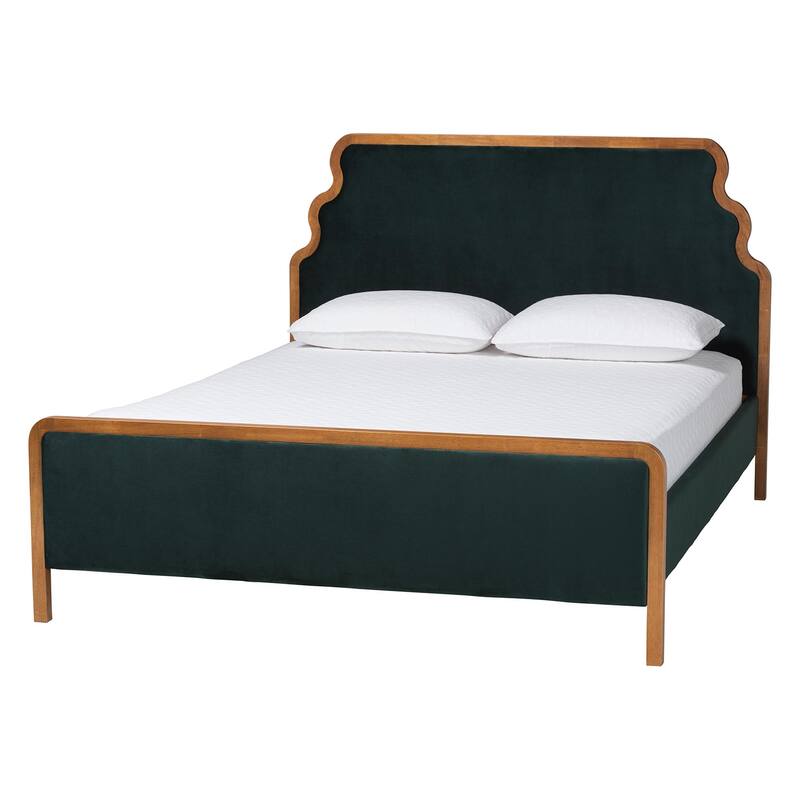 Gerianne Velvet Upholstered Platform Bed - Classic European Bed Frame with Scalloped Headboard and Wood Trim - Green/Walnut Brown