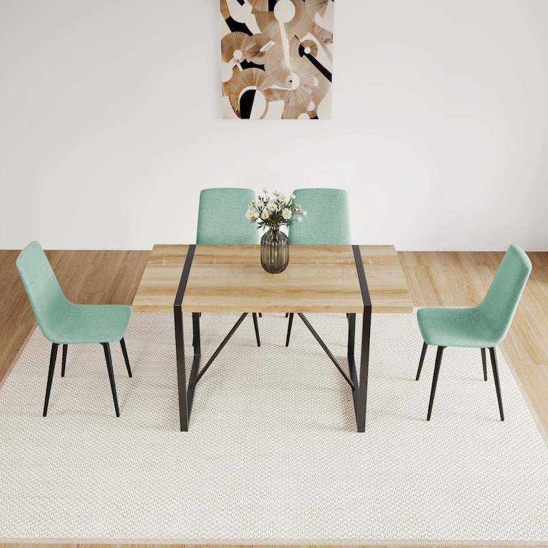 55" MDF Dining Table and Modern Dining Chair Set of 4, Metal Base & Legs, Dining Room Table and Linen Chairs
