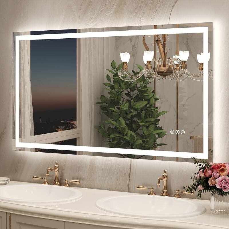 Frameless LED Front Light and Backlit 3 Colors Dimmable Anti-Fog Wall Bathroom Vanity Mirror - 48" x 28"-Square Corner