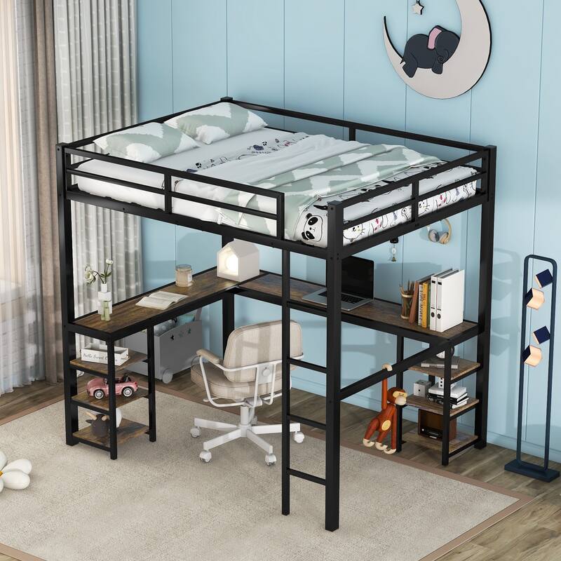 Black Full Size Metal L-Shaped Loft Bed with Desk and Shelves, Full-Length Guardrails