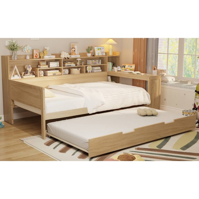 Full Size Daybed with Storage Shelves, Multi-Functional Bed with Twin Trundle and Built-In Study Desk, Space-Saving Design