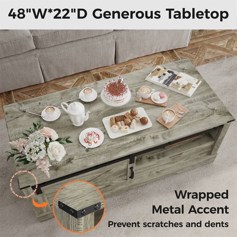 Farmhouse TV Coffee Table with Storage and Sliding Barn Door, Living