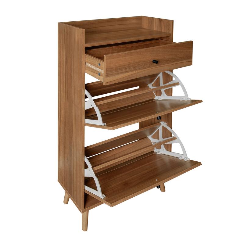 Entryway Shoe Storage Cabinet, Freestanding Rattan Shoe Rack, Shoe Organizer with 2 Flip Drawers & 1 Pull-Out drawer