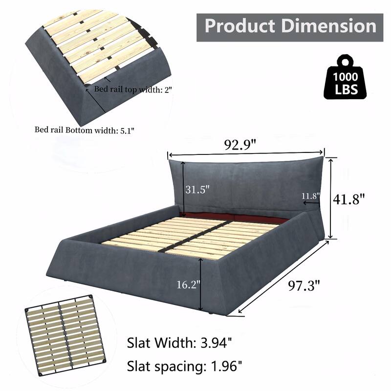 King Size Upholstered Platform Bed with Unique Shaped Velvet Headboard