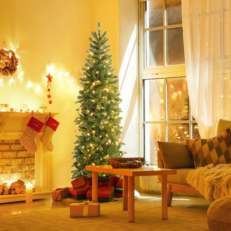 Gymax 6FT Hinged Pre-lit Christmas Slim Pencil Tree w/ 10 Lighting - 6 Foot