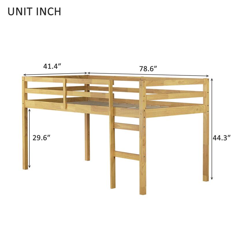 Natural Rubber Wood Twin Loft Bed with Ladder and Strengthened Slats, Low Height Design for Safety