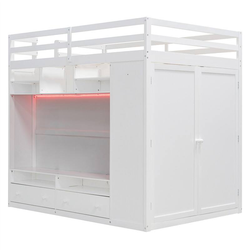 Full Size Loft Bed with LED Light, Wardrobe and 2 Storage Drawers, Solid Wood Loft Bedframe with Open Storage Shelves