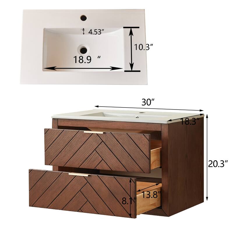 Modland 30" Wall Mount Bathroom Vanity with Ceramic Sink - 2 Soft-Close Drawers, Black/Walnut - 30 inch