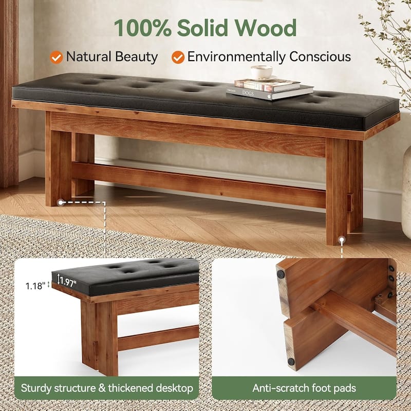 55 Inches Solid Wood Bench with Cushion for Bedroom