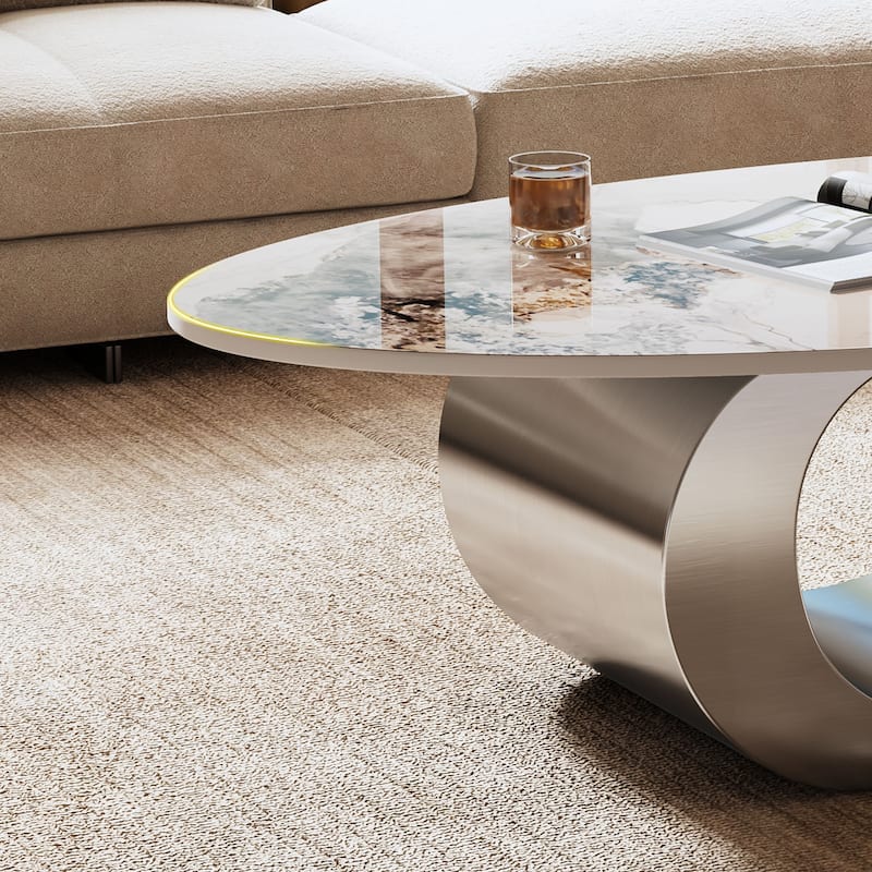 49.2" Faux Marble Oval Coffee Table, Contemporary Stainless Steel Base, Modern Center Table For Living Room