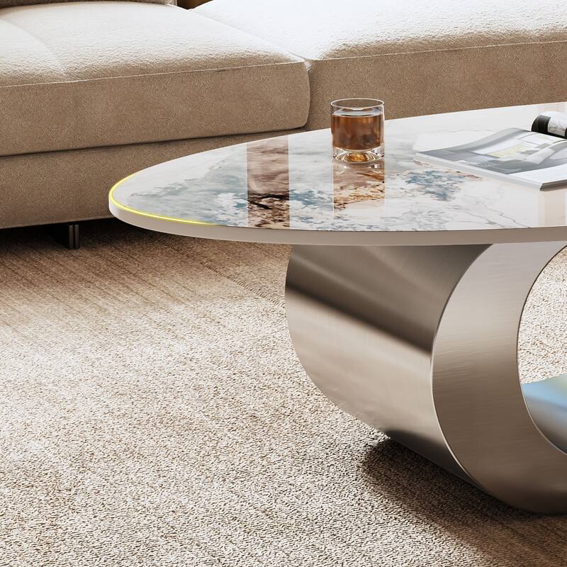GDFStudio - Contemporary 49.2" Oval Sintered Stone Coffee Table with S-Shaped Stainless Steel Base & Novel-Pattern Top