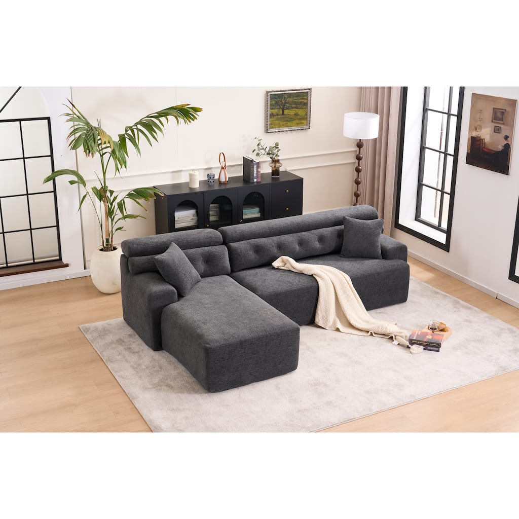 Grey Compression Sofa with 2 Pillows, 105x63x30 inches, Fabric & Foam+Spring