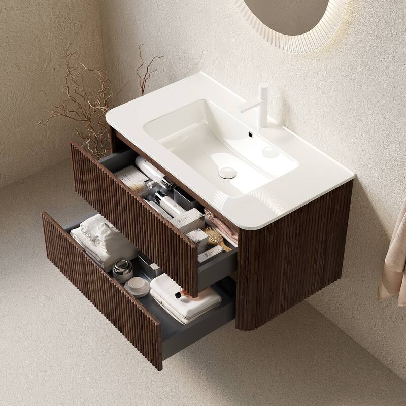 GDFStudio - Noor Modern Floating Bathroom Vanity with Dual Drawers & White Ceramic Basin, WITHOUT Faucet