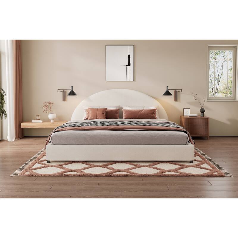 King Size Bed Frame with Upholstered Round Curved Headboard, White