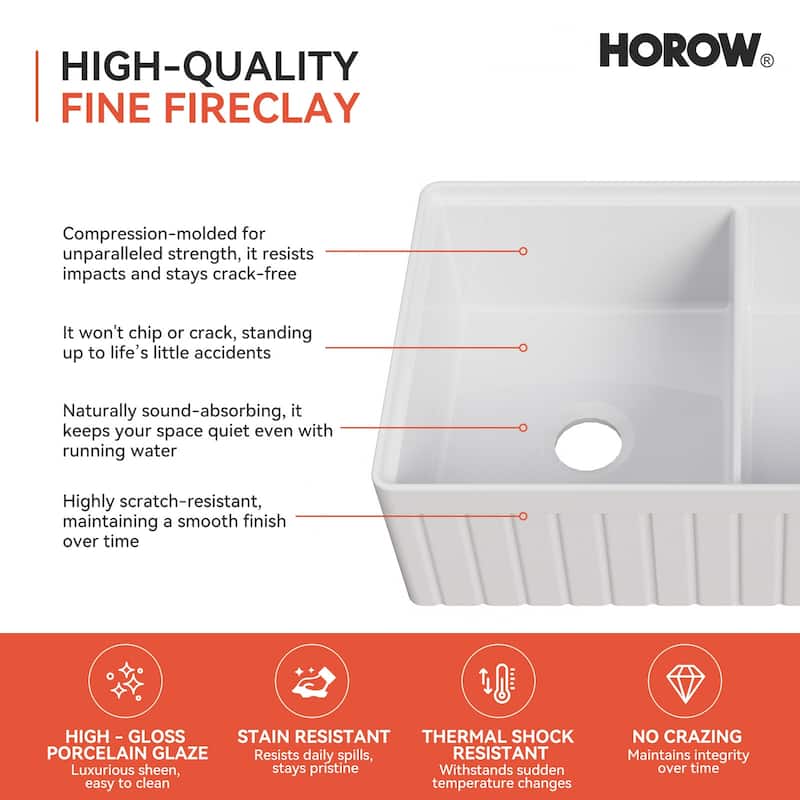 HOROW 33 in. Farmhouse/Apron-Front 50/50 Double Bowl White Fireclay Kitchen Sink with Workstation,Cutting Board,Grid, Strainer